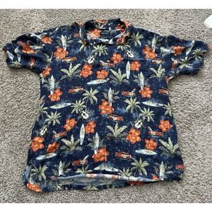 Nautica Shirt Men's XL‎ Blue Button-Up Silk Tropical Floral Hibiscus Surf